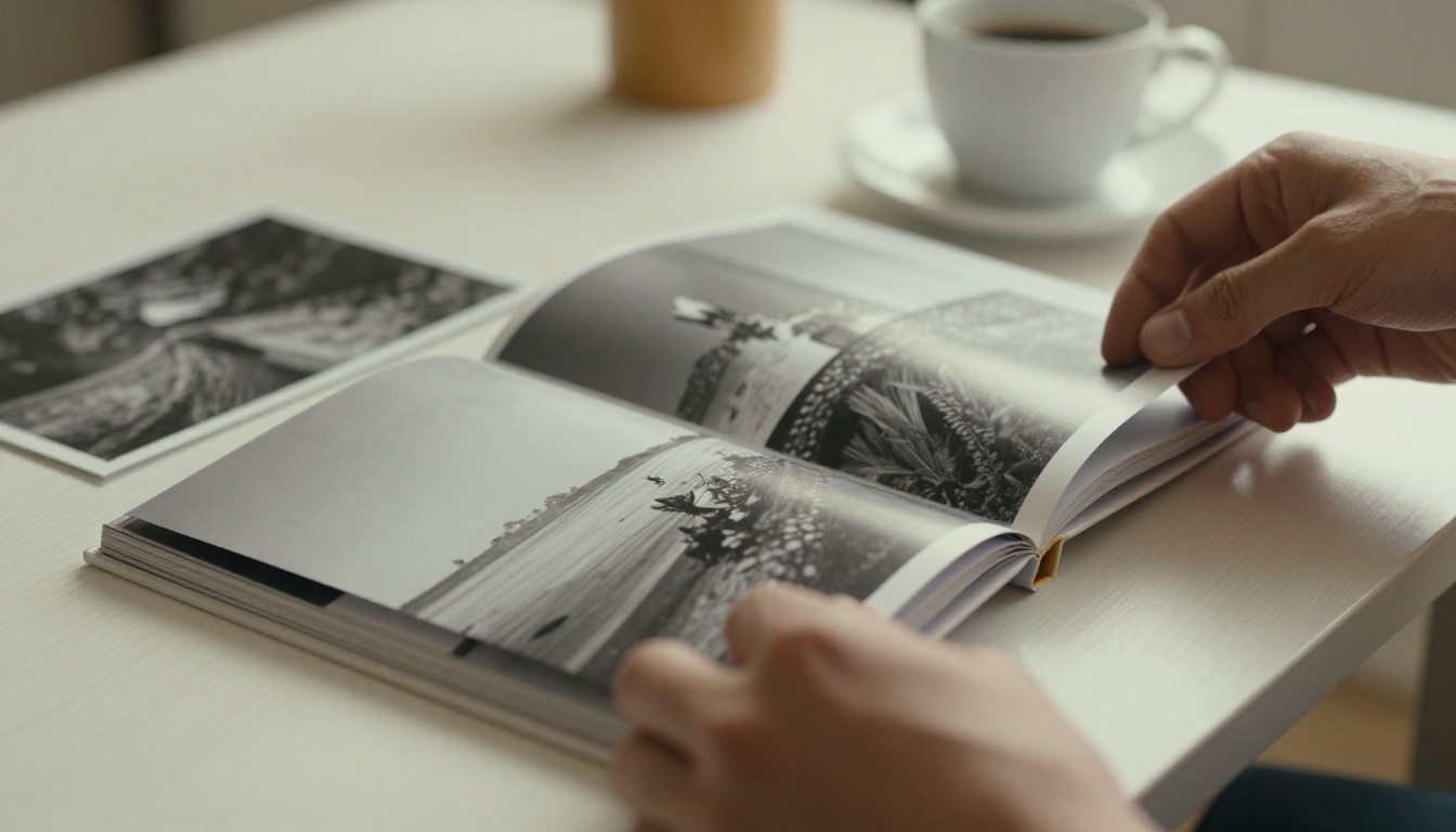 Photographer's hands carefully flipping through a printed photo portfolio book showing black and white landscape photographs Photographer's hands carefully flipping through a printed photo portfolio book showing black and white landscape photographs