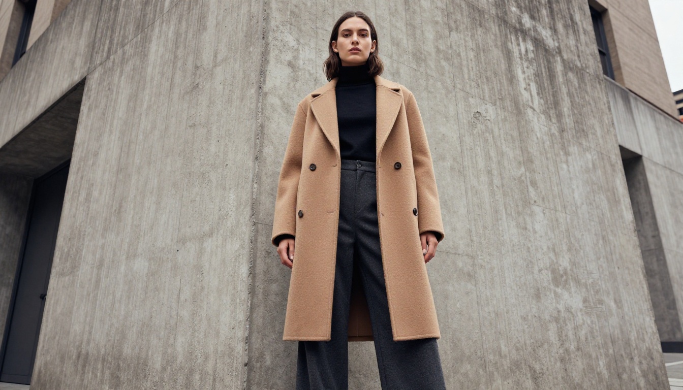 Female fashion model in structured camel wool coat standing against brutalist concrete wall in urban setting, low angle shot