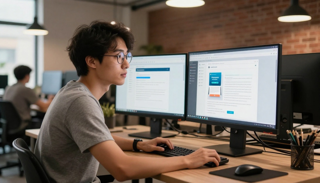Web developer at standing desk with two monitors showing WordPress dashboard and live website with embedded flipbook