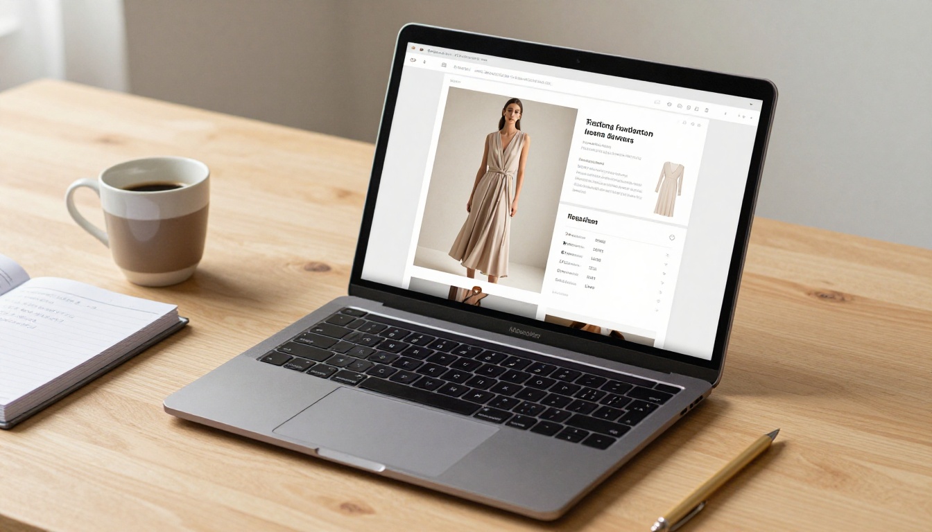 Open MacBook Pro displaying an interactive digital fashion lookbook on screen, warm workspace with espresso and planner Open MacBook Pro displaying an interactive digital fashion lookbook on screen, warm workspace with espresso and planner
