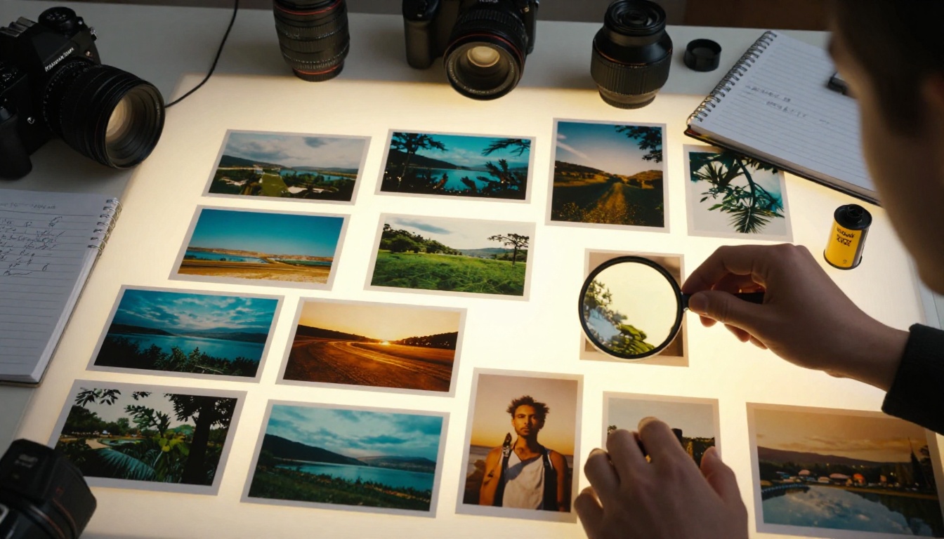 Aerial top-down view of a professional light table covered in medium format film transparencies and photographic prints with a loupe magnifier Aerial top-down view of a professional light table covered in medium format film transparencies and photographic prints with a loupe magnifier