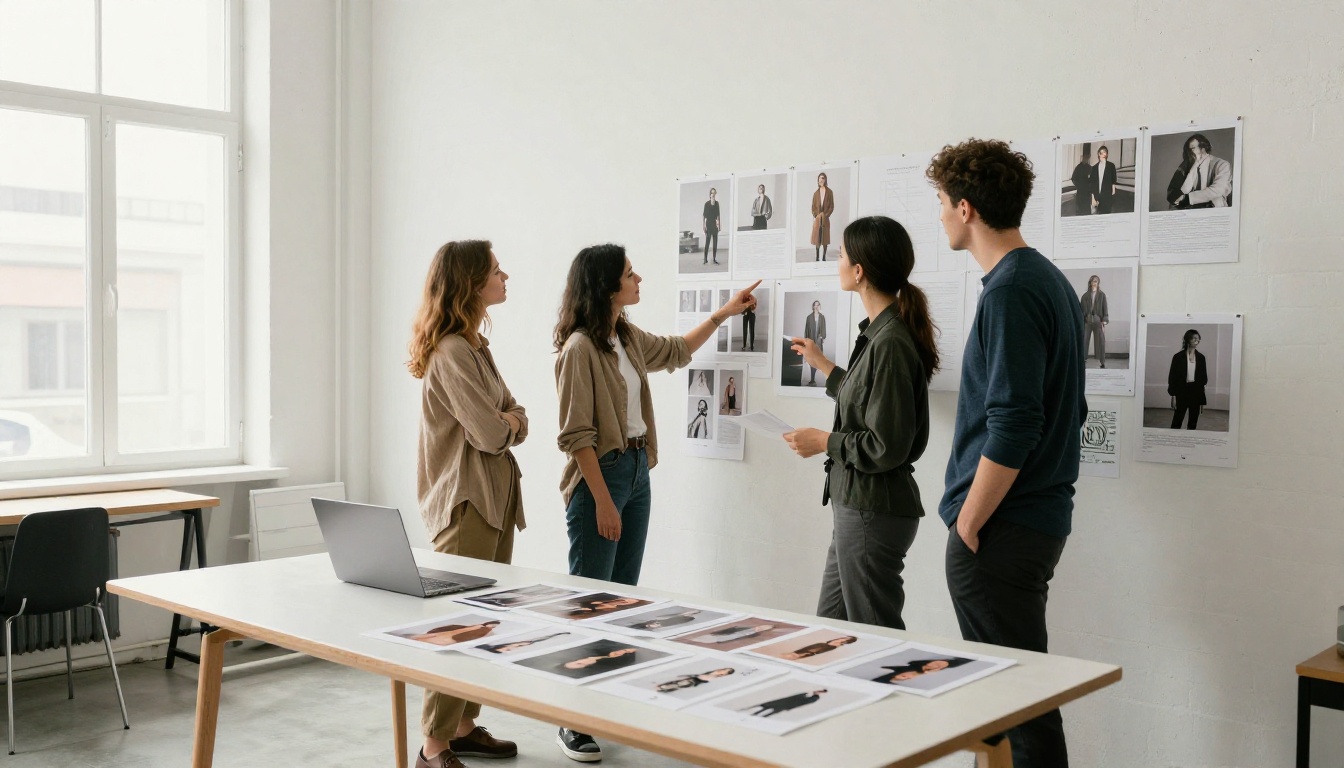 Fashion brand creative team reviewing large printed lookbook sheets pinned to a white minimalist studio wall Fashion brand creative team reviewing large printed lookbook sheets pinned to a white minimalist studio wall