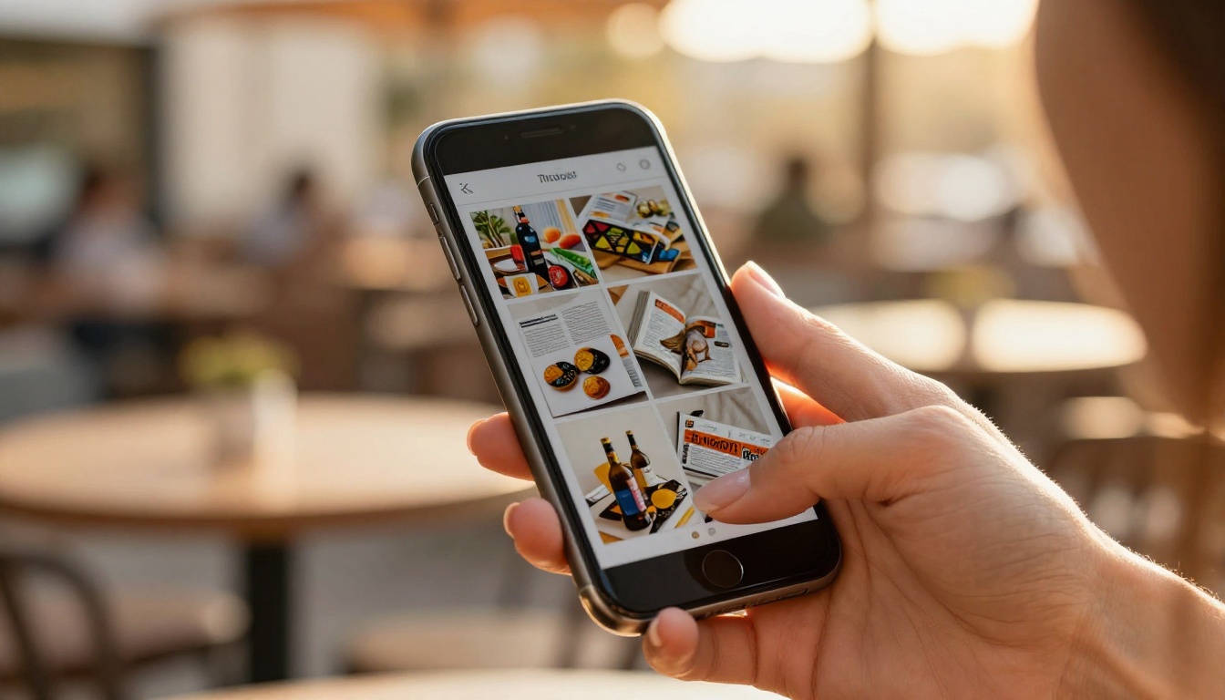 Smartphone held in woman's hand displaying mobile-responsive flipbook at outdoor cafe