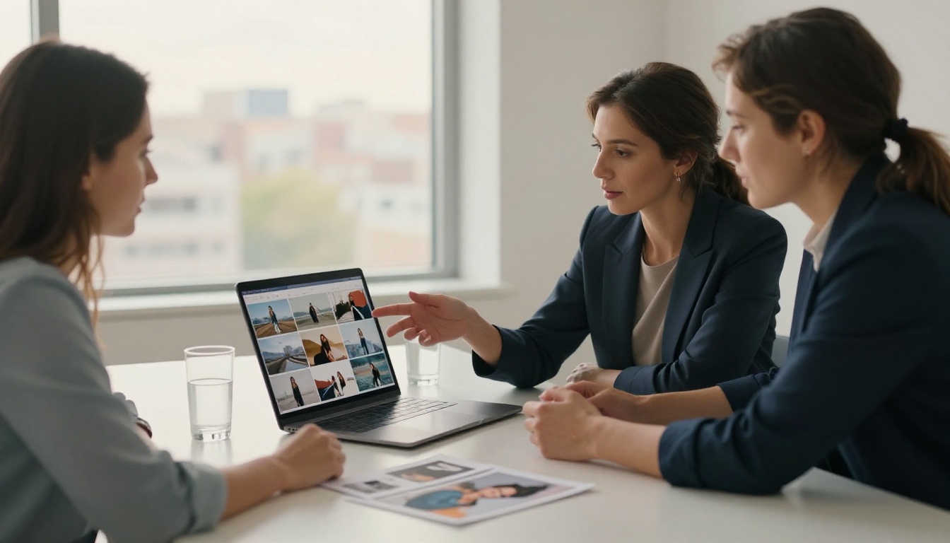 Professional female photographer gesturing toward a laptop showing a flipbook portfolio while presenting to a client couple at a modern conference table