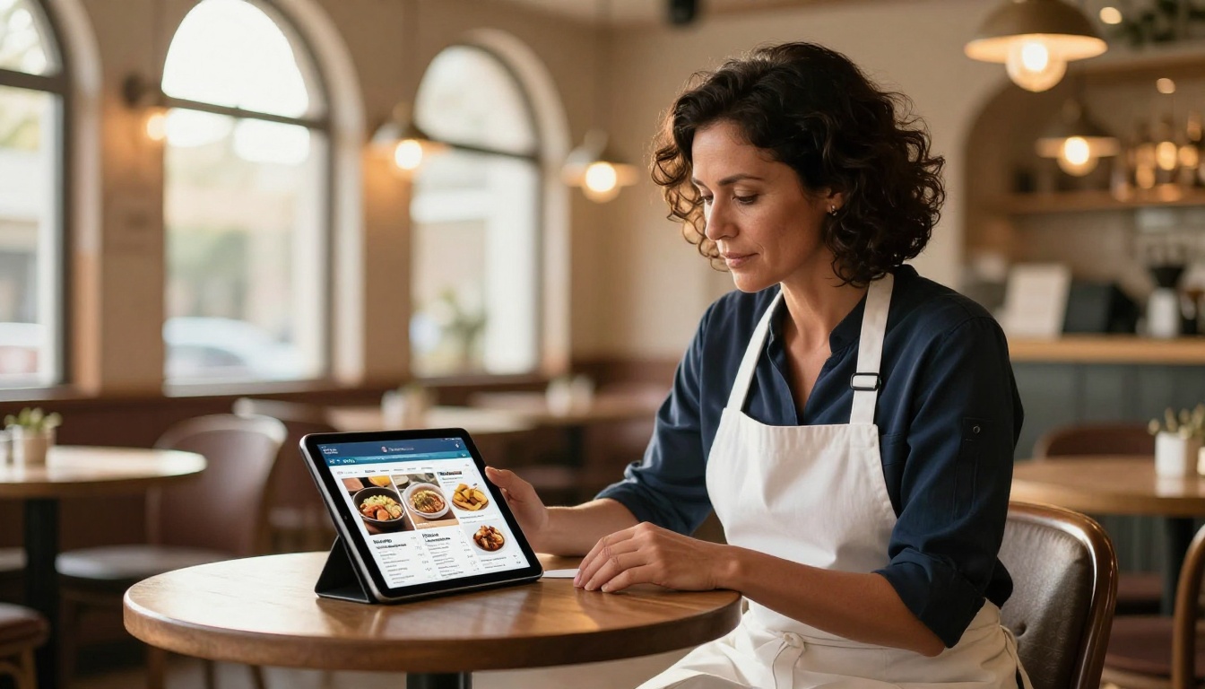 Restaurant owner at bistro table with tablet showing digital menu flipbook on restaurant website