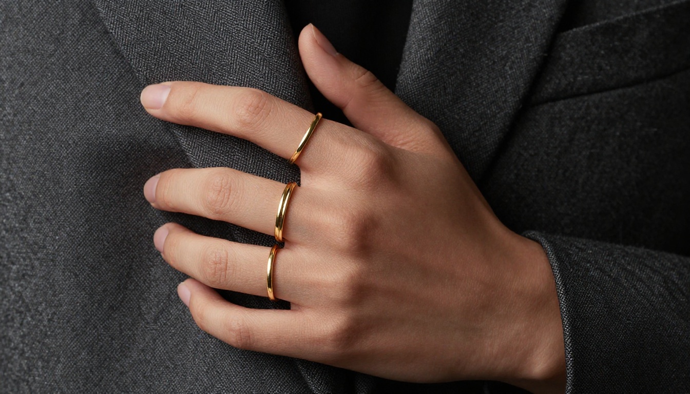 Extreme close-up of fashion model's hands with delicate gold stacking rings against textured charcoal herringbone blazer sleeve Extreme close-up of fashion model's hands with delicate gold stacking rings against textured charcoal herringbone blazer sleeve