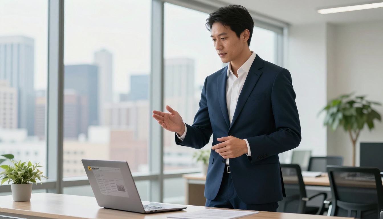 Real estate agent in navy suit beside laptop showing property brochure flipbook with city skyline visible through window