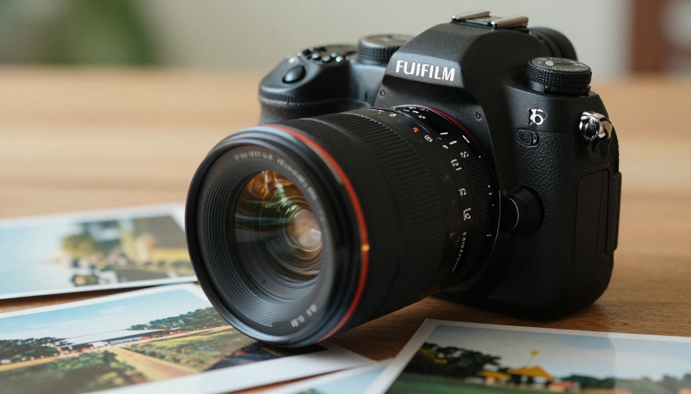 Close-up of a professional DSLR camera resting on a wooden surface surrounded by scattered photographic prints, shallow depth of field with warm bokeh background Close-up of a professional DSLR camera resting on a wooden surface surrounded by scattered photographic prints, shallow depth of field with warm bokeh background