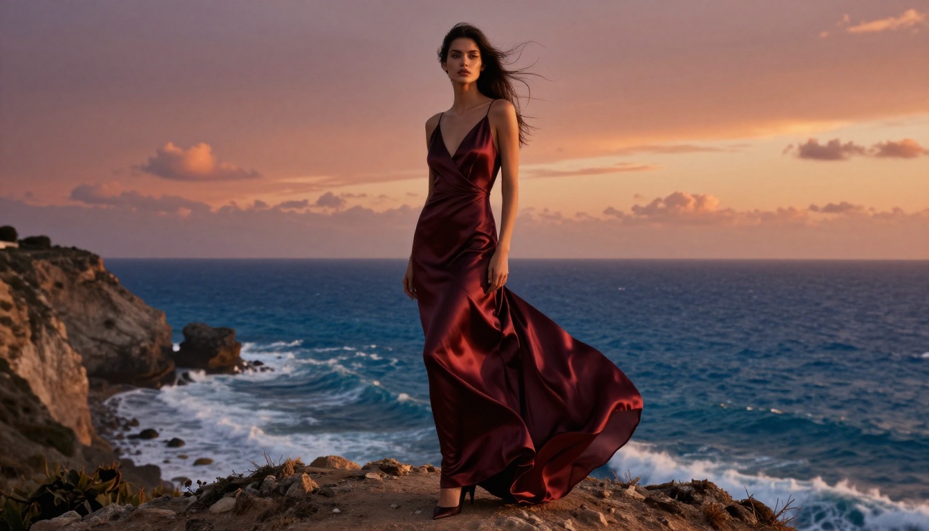 Fashion model in deep burgundy silk evening gown on dramatic Mediterranean cliffside at dusk, flowing fabric caught in sea breeze Fashion model in deep burgundy silk evening gown on dramatic Mediterranean cliffside at dusk, flowing fabric caught in sea breeze