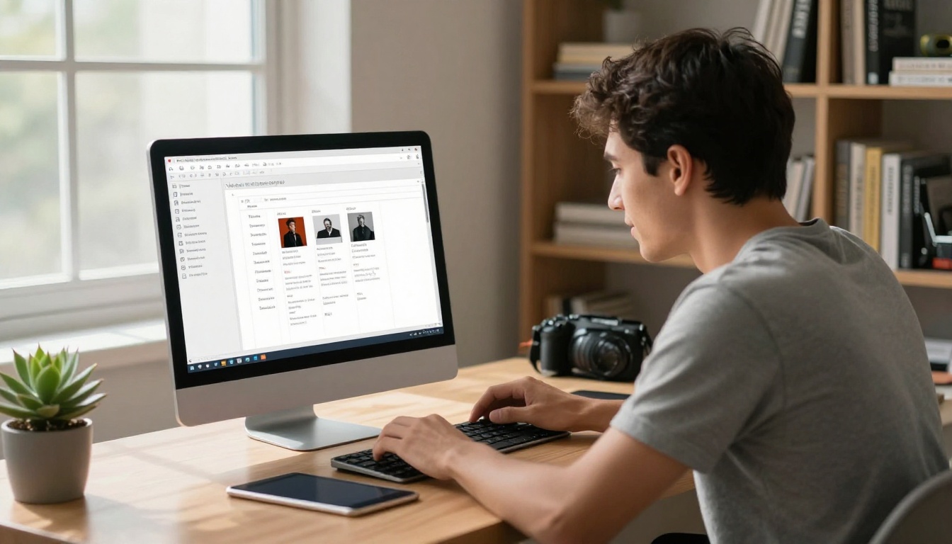 Young photographer uploading PDF portfolio files on a laptop at a clean minimal desk with natural window light from the left Young photographer uploading PDF portfolio files on a laptop at a clean minimal desk with natural window light from the left