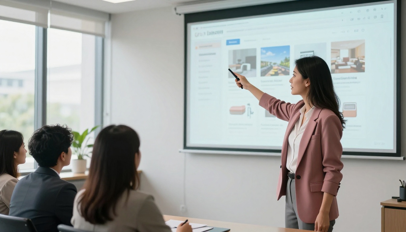 Marketing professional presenting to colleagues in conference room with embedded flipbook catalog on projection screen