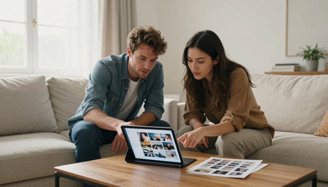 Two creative professionals reviewing a photography portfolio displayed on a tablet together on a modern linen sofa Two creative professionals reviewing a photography portfolio displayed on a tablet together on a modern linen sofa