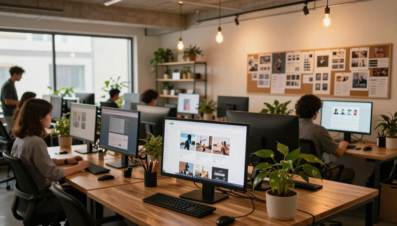 Wide-angle creative agency studio with monitors showing websites with embedded flipbooks and digital publications