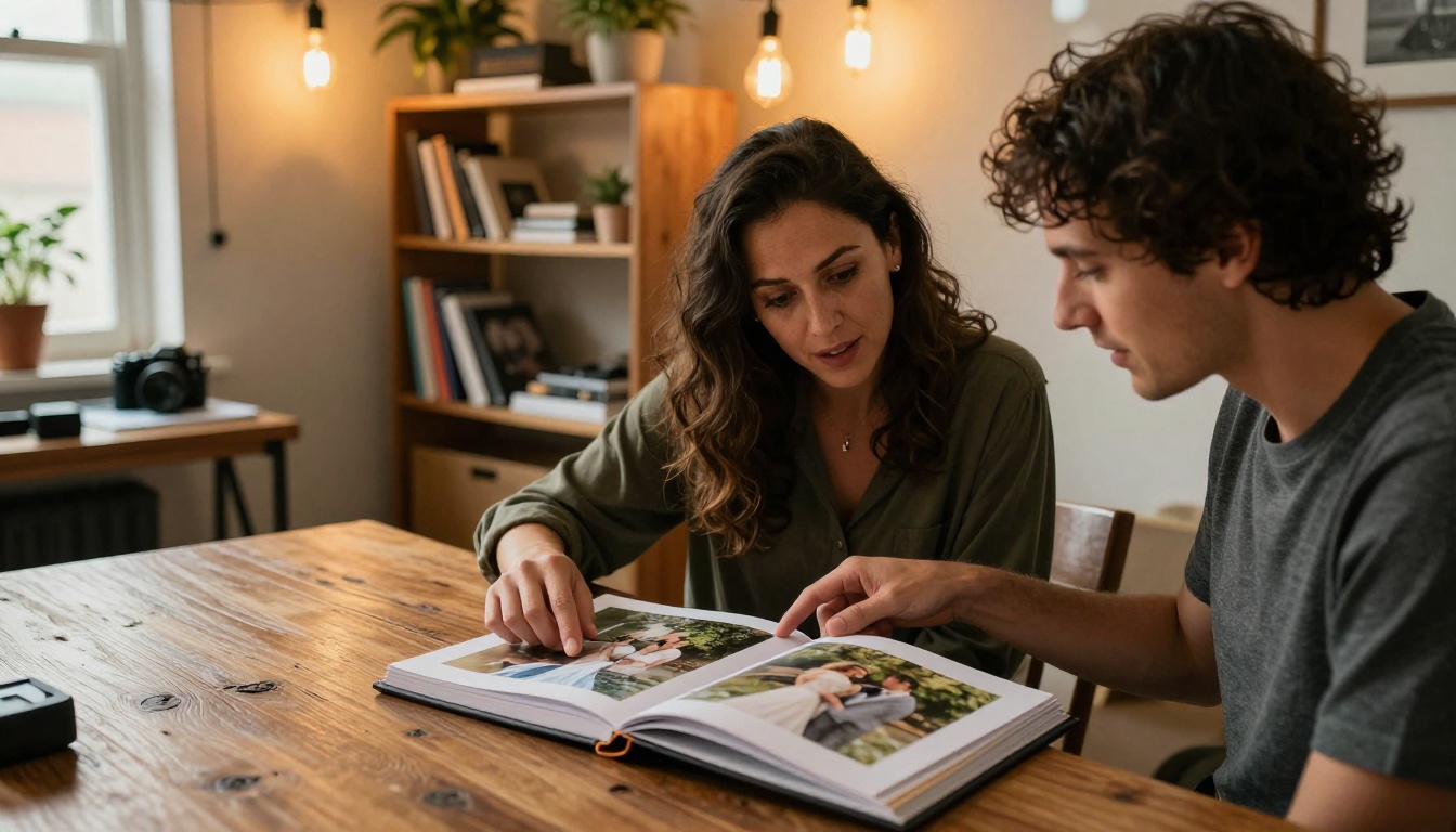 Wedding photographer consulting with an engaged couple over an open portfolio album at a rustic wooden table with warm Edison lighting