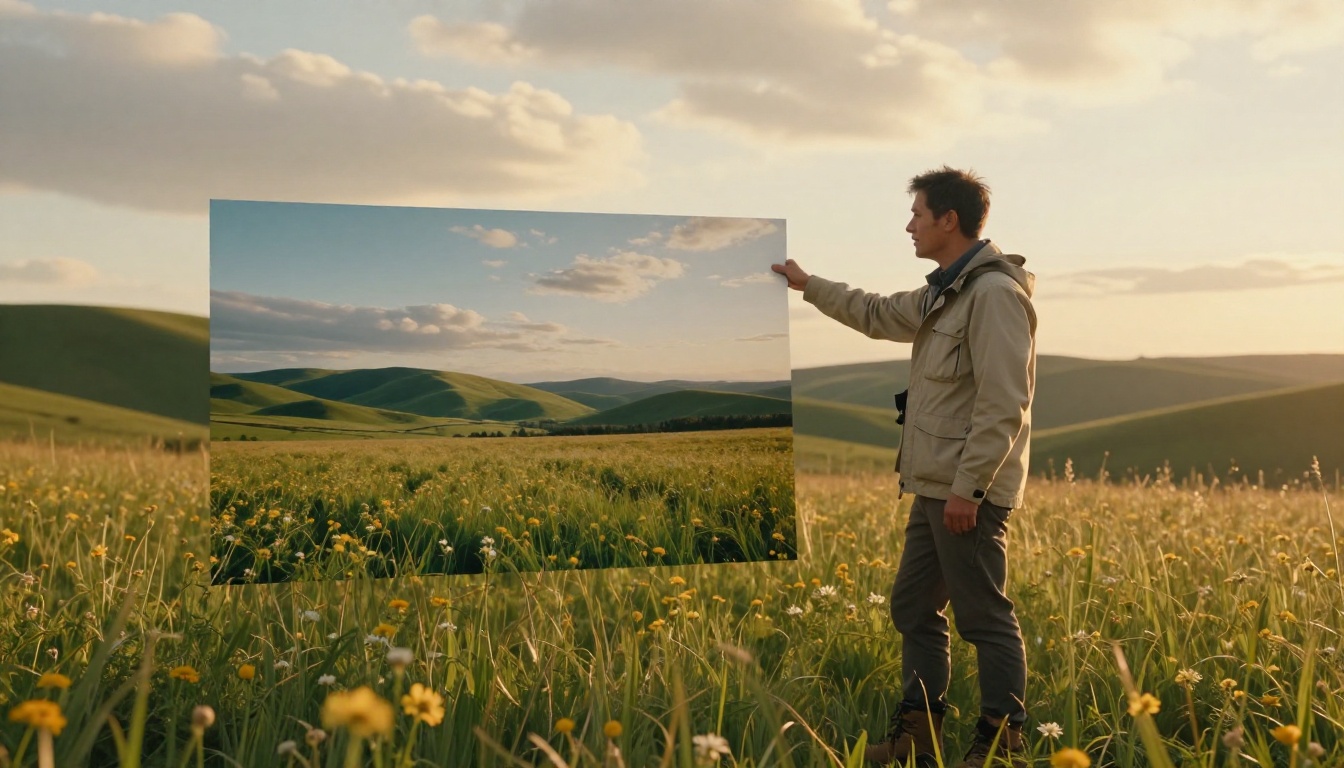 Landscape photographer in a golden hour wildflower meadow holding a printed portfolio photograph up against the real landscape behind it