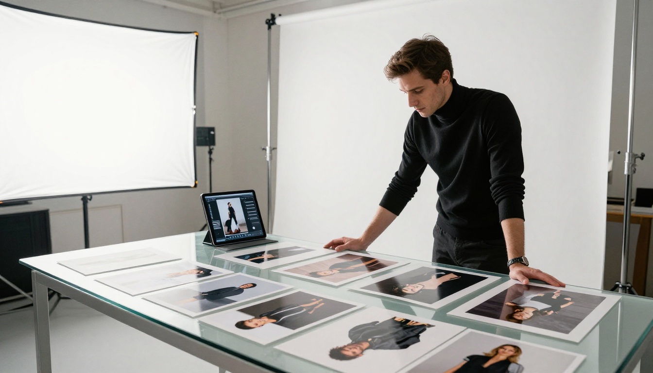 Fashion photographer standing at a glass desk in a high-end studio reviewing contact sheets and portfolio prints under bright studio strobes