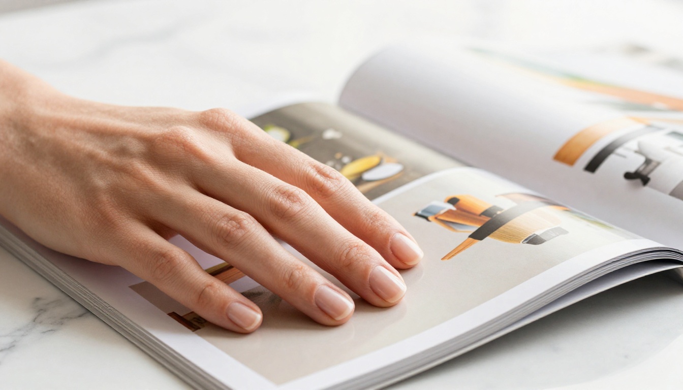 Close-up of hands turning pages of a printed product catalog Close-up of hands turning pages of a printed product catalog