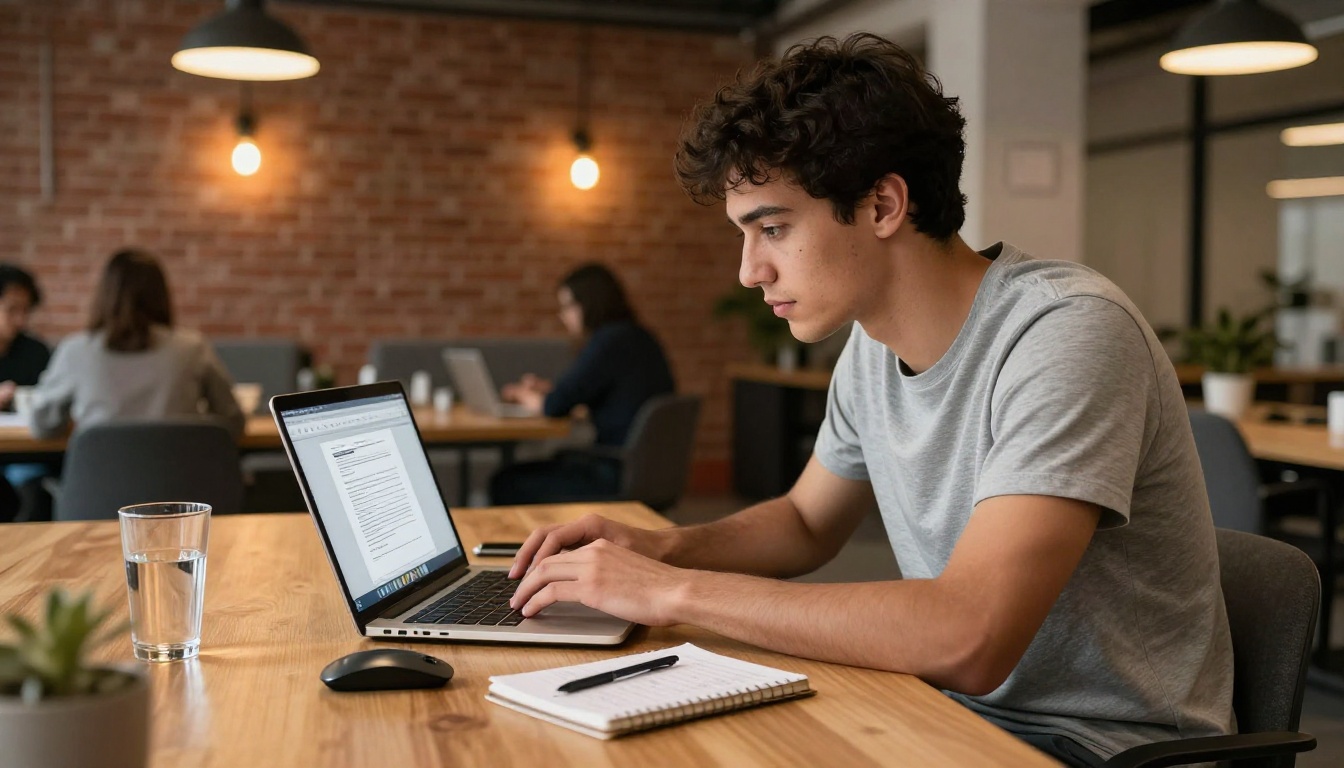 Young entrepreneur uploading a PDF on his laptop in a warm co-working space Young entrepreneur uploading a PDF on his laptop in a warm co-working space
