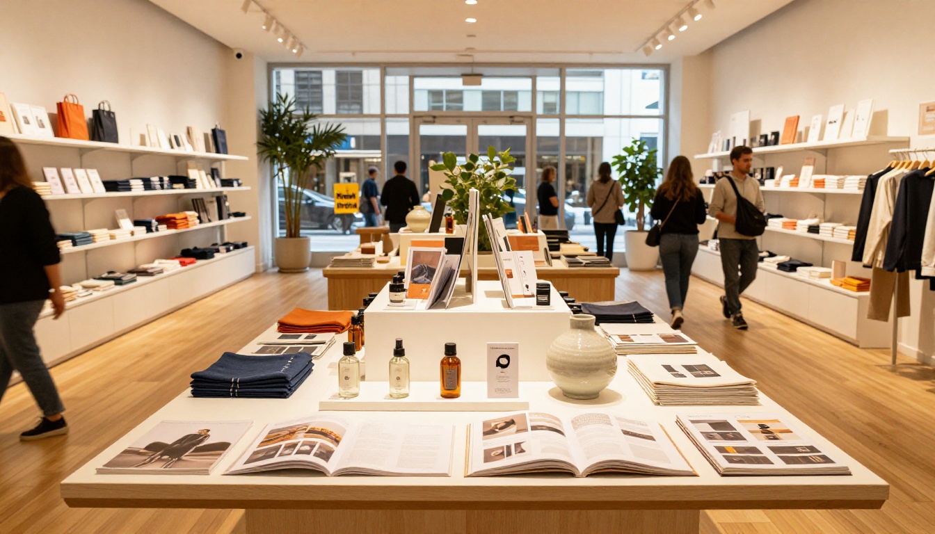 Modern retail boutique interior with open product catalogs displayed on a table Modern retail boutique interior with open product catalogs displayed on a table