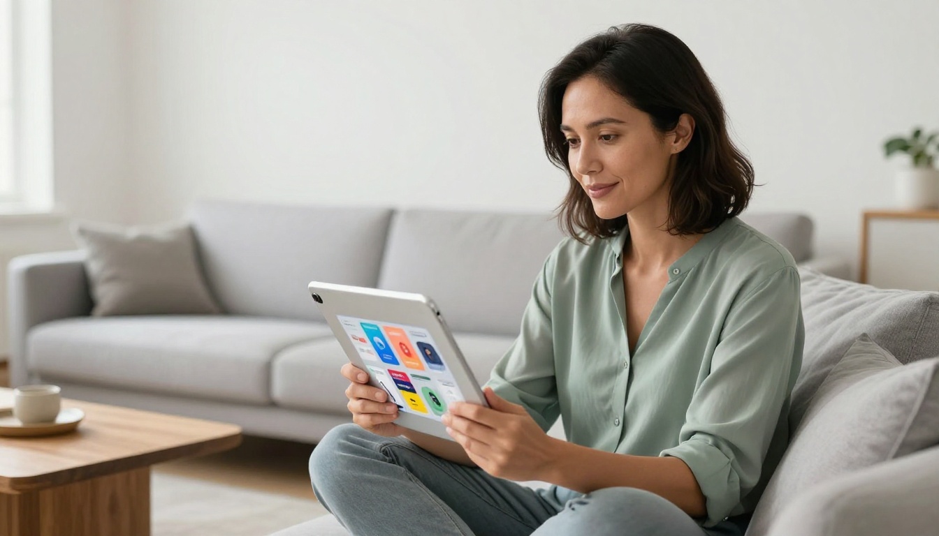 Woman sitting on a sofa browsing an interactive digital catalog on a tablet Woman sitting on a sofa browsing an interactive digital catalog on a tablet