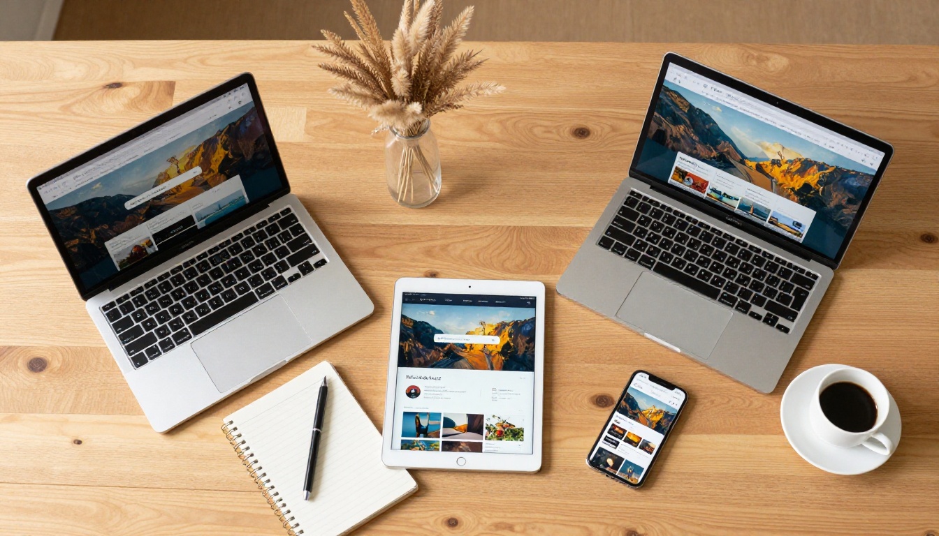 Flat-lay aerial view of a laptop, iPad, and smartphone all showing the same digital catalog Flat-lay aerial view of a laptop, iPad, and smartphone all showing the same digital catalog