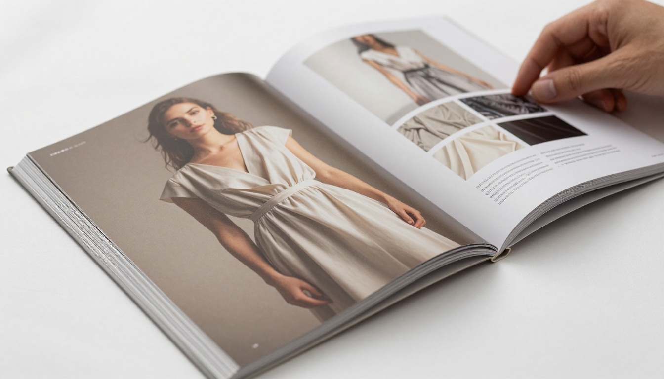 Close-up of an open high-end fashion catalog spread on white fabric