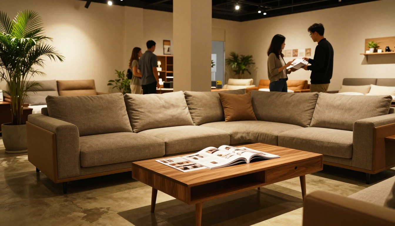 Modern furniture showroom with an open catalog on the coffee table and a sales associate in the background