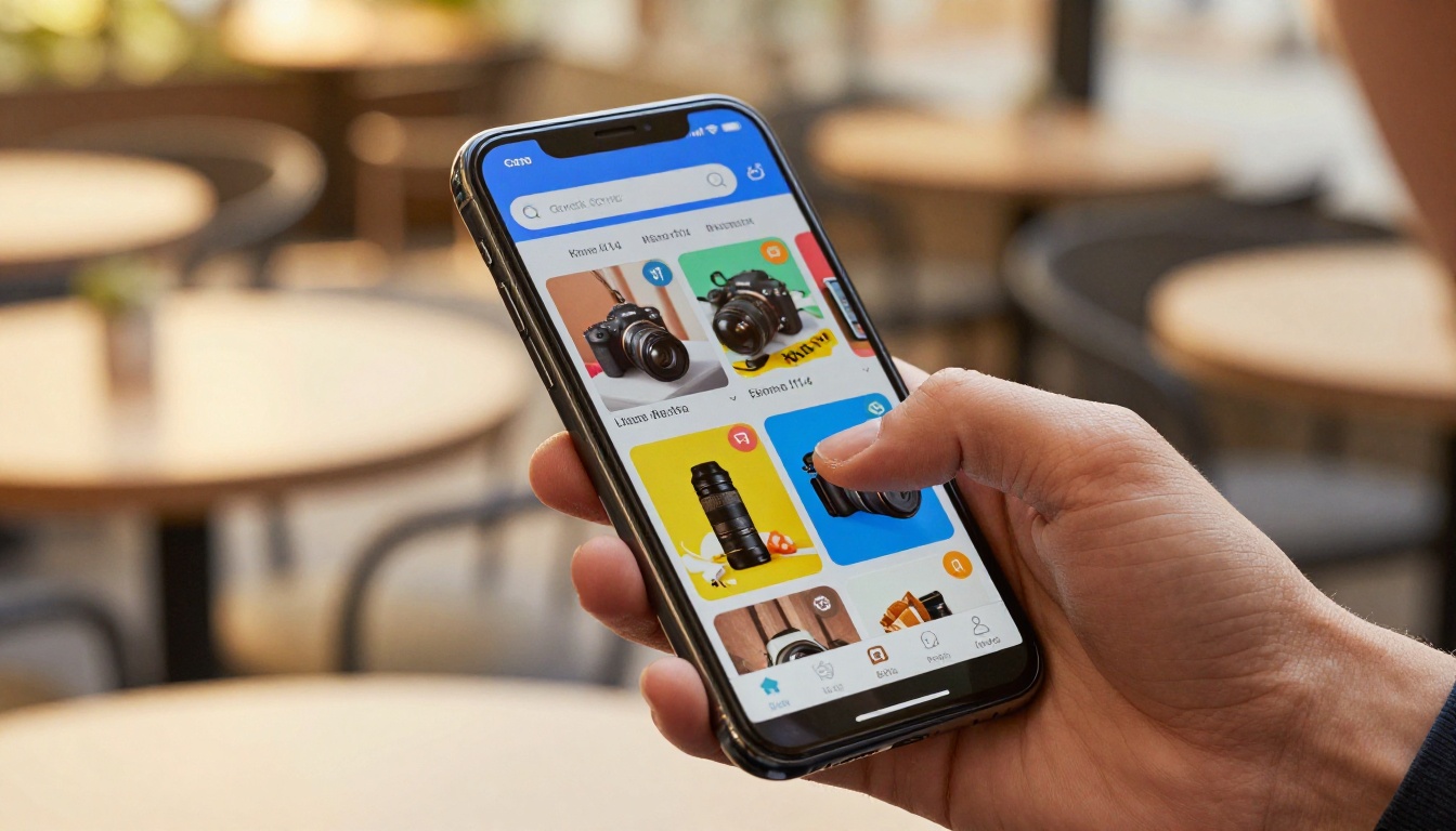 Person holding a smartphone showing a digital catalog with thumb near the share button