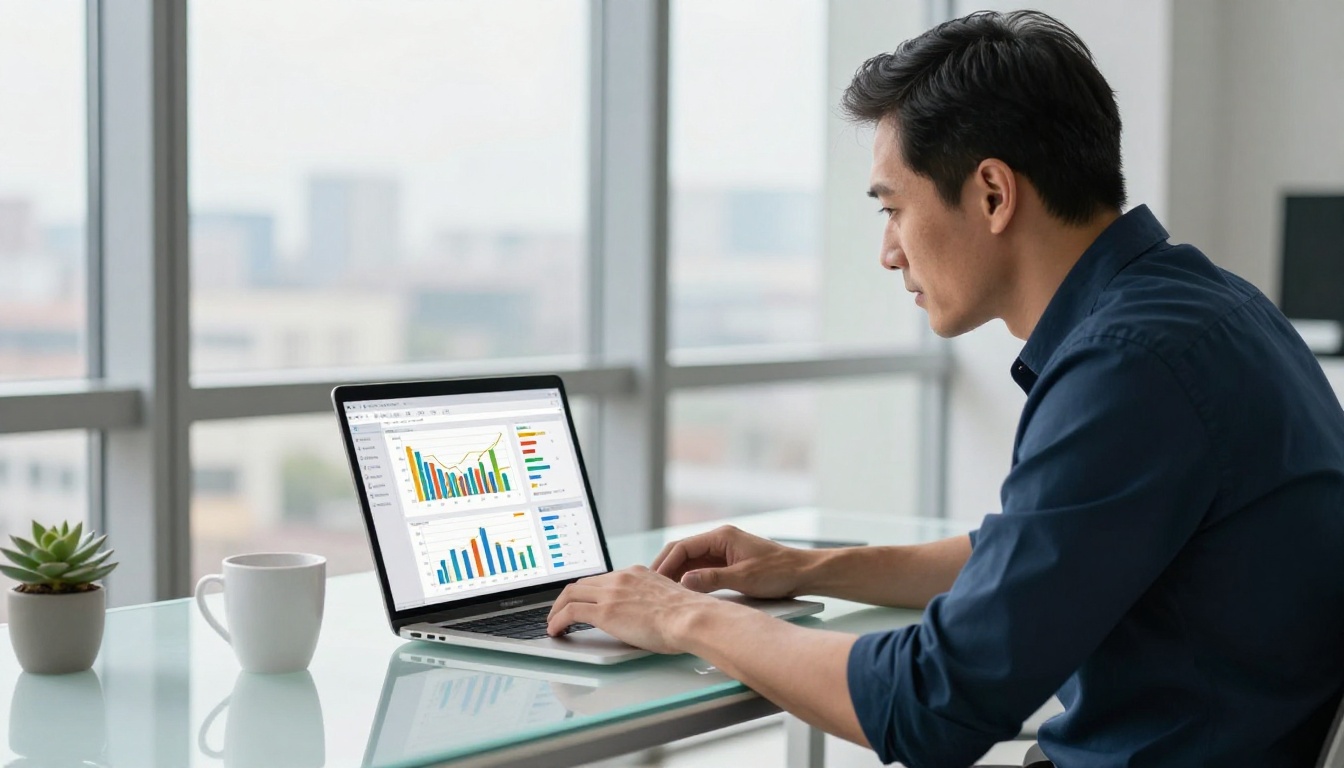 Professional reviewing an analytics dashboard on a laptop in a modern glass office