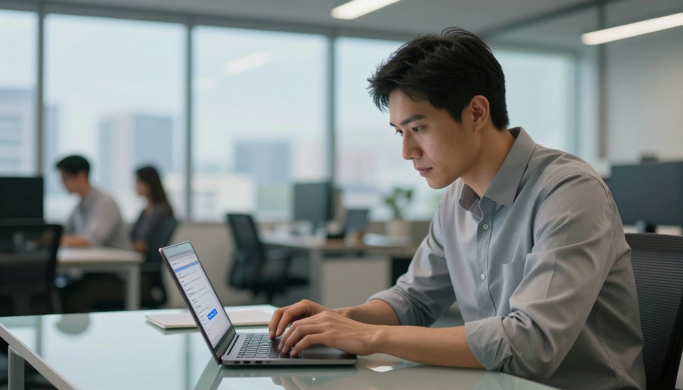 Marketing professional sending a PDF document attachment via email in a modern open-plan office