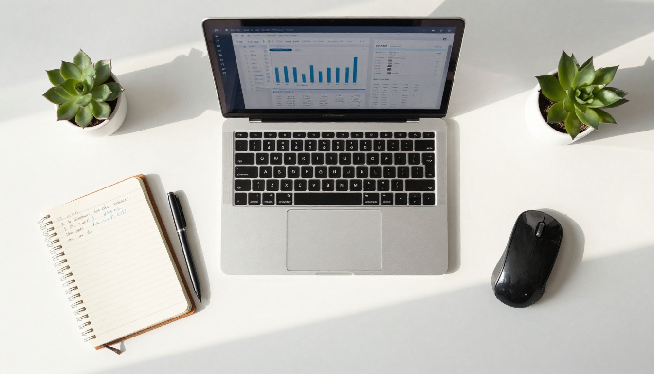 Aerial flat-lay overhead view of a minimalist desk with PDF tracking statistics on laptop screen