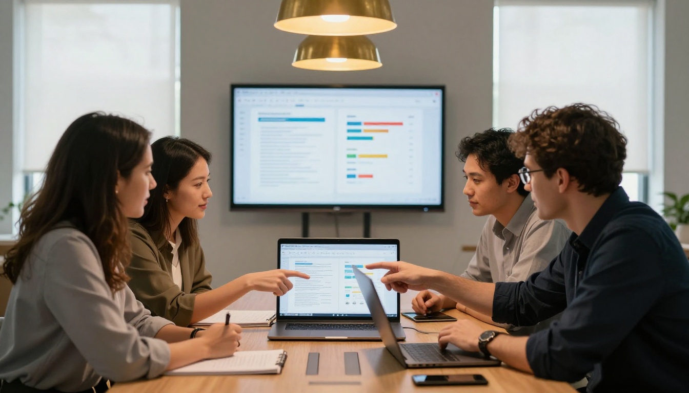 Marketing team reviewing document analytics report together in a bright conference room Marketing team reviewing document analytics report together in a bright conference room