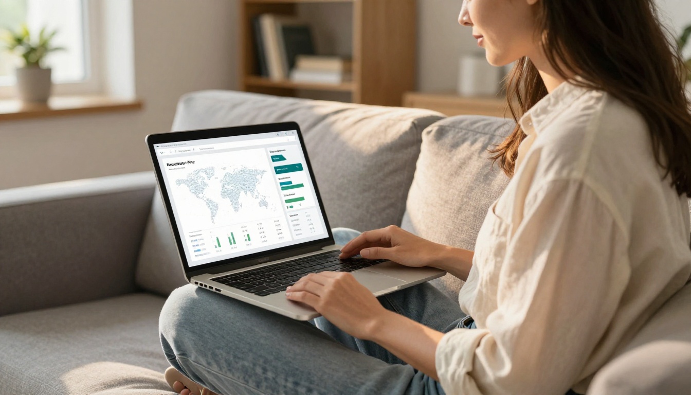Professional woman reviewing real-time flipbook analytics from her home office sofa with natural light Professional woman reviewing real-time flipbook analytics from her home office sofa with natural light