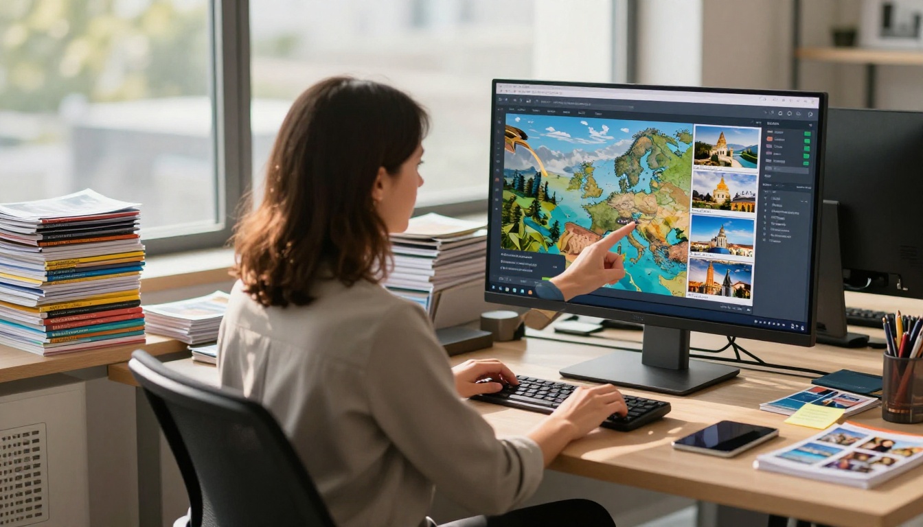 Travel agent reviewing digital flipbook on monitor surrounded by printed brochures