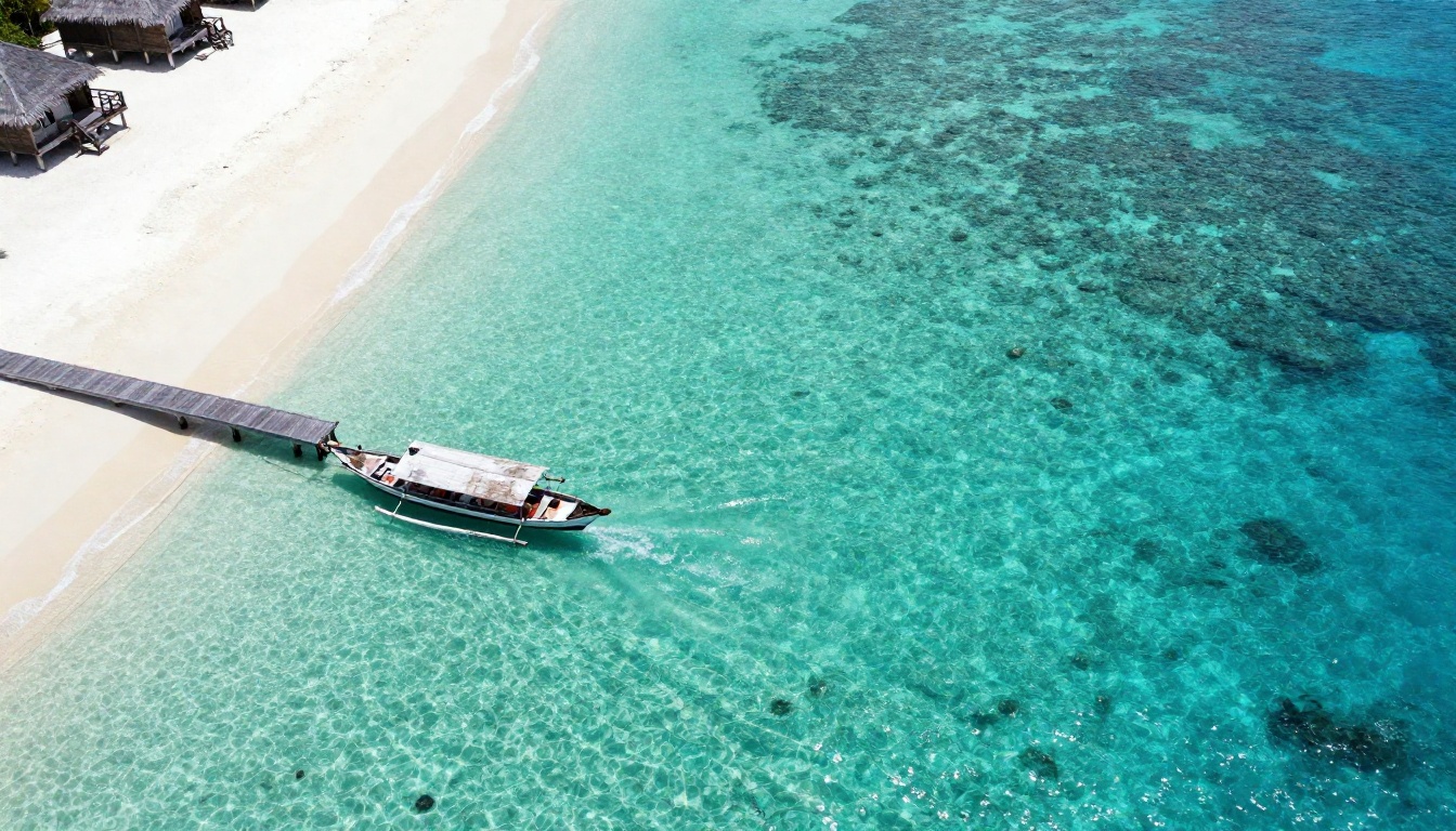 Aerial view of pristine Maldives beach with overwater bungalows and turquoise water