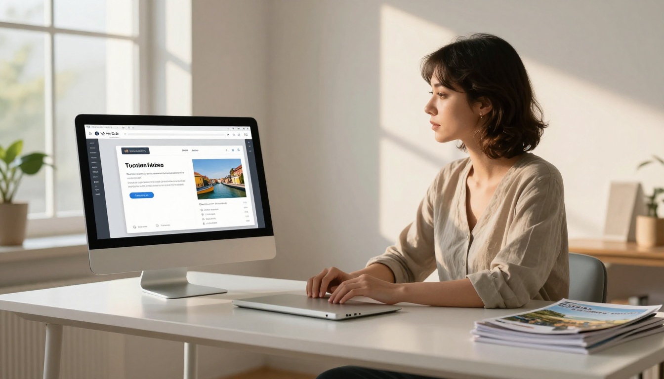 Tourism professional uploading PDF brochure to create digital flipbook on laptop