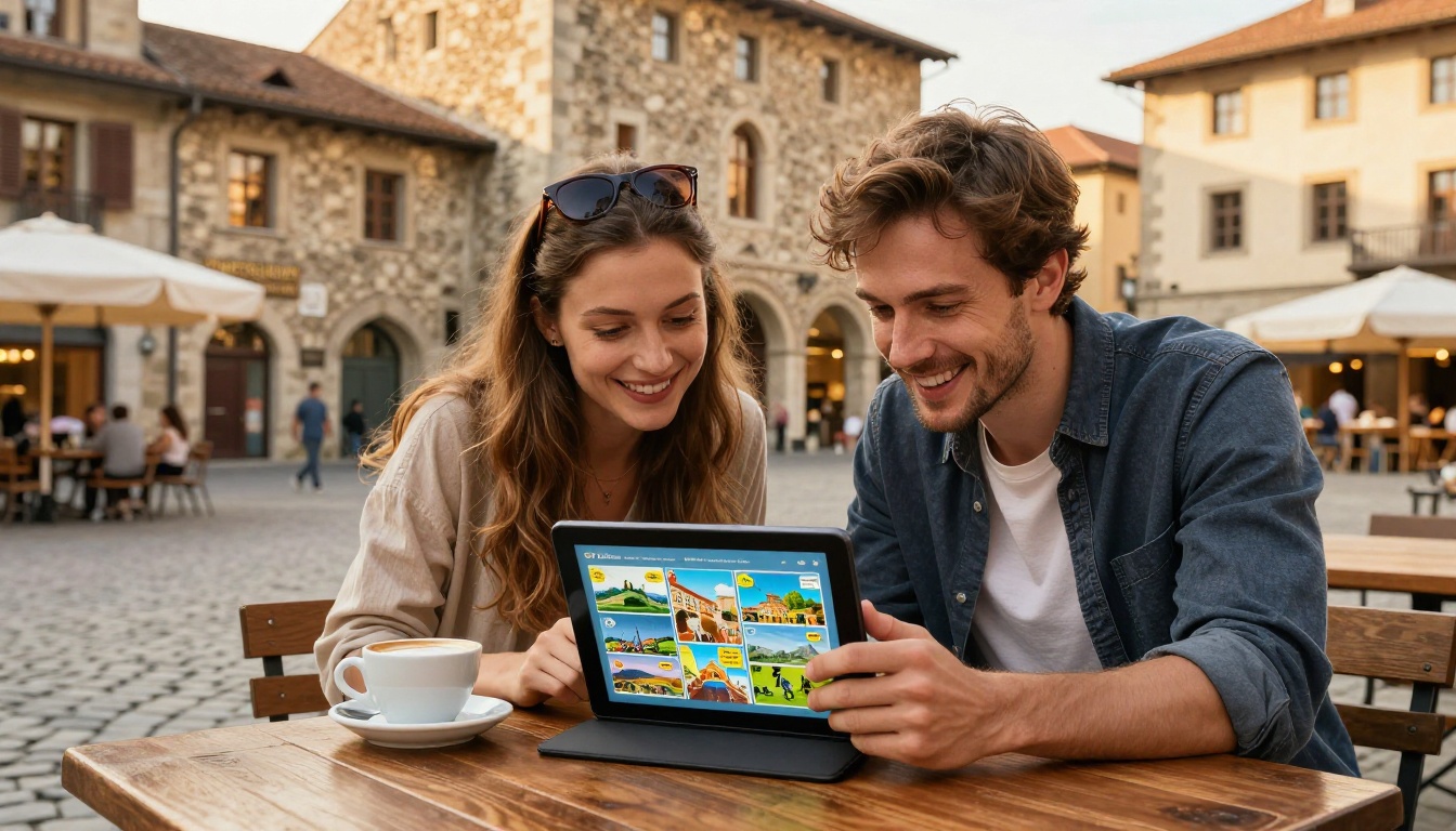 Young couple sharing travel flipbook on tablet at European cobblestone cafe