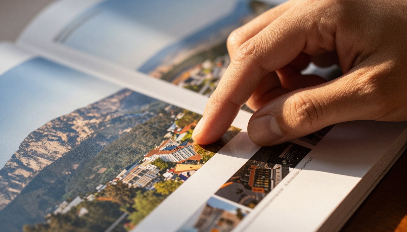 Close-up macro shot of hands turning glossy travel brochure pages