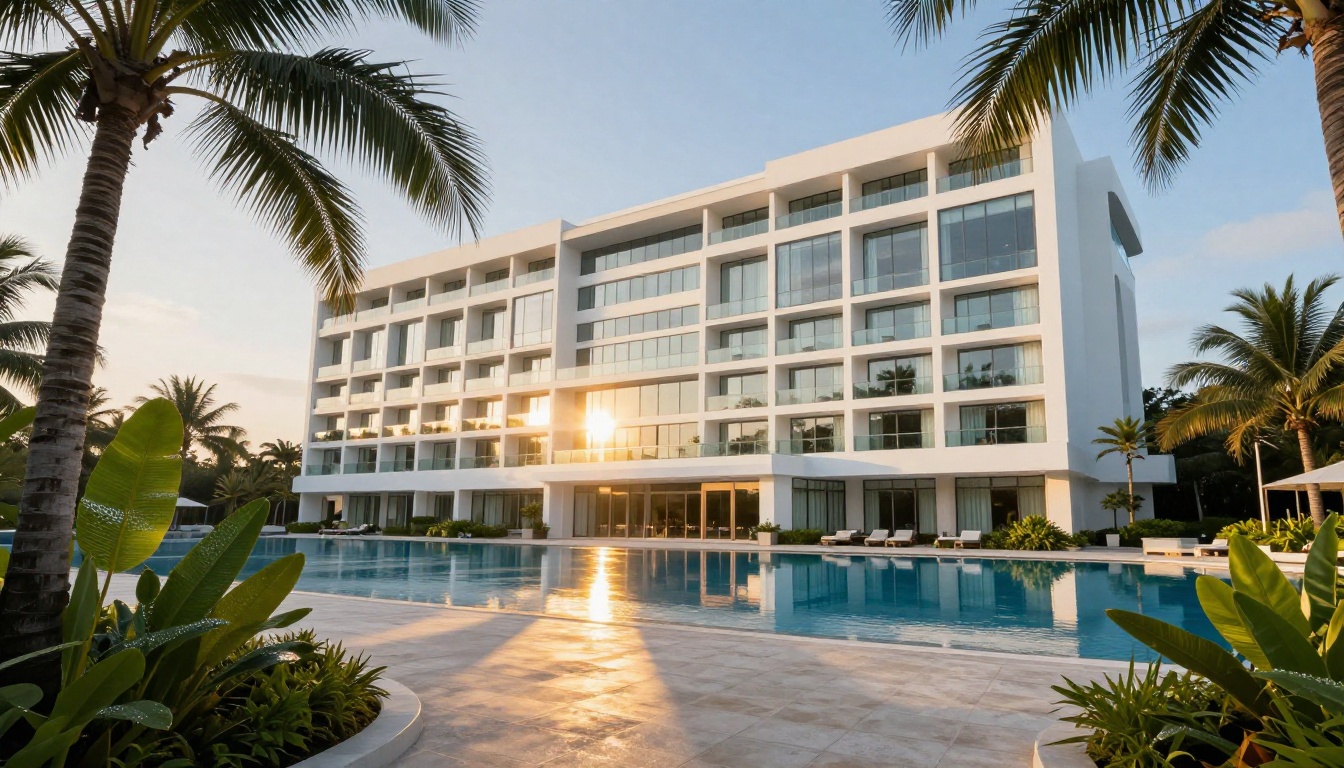 Luxury five-star resort hotel exterior at sunrise with infinity pool reflection