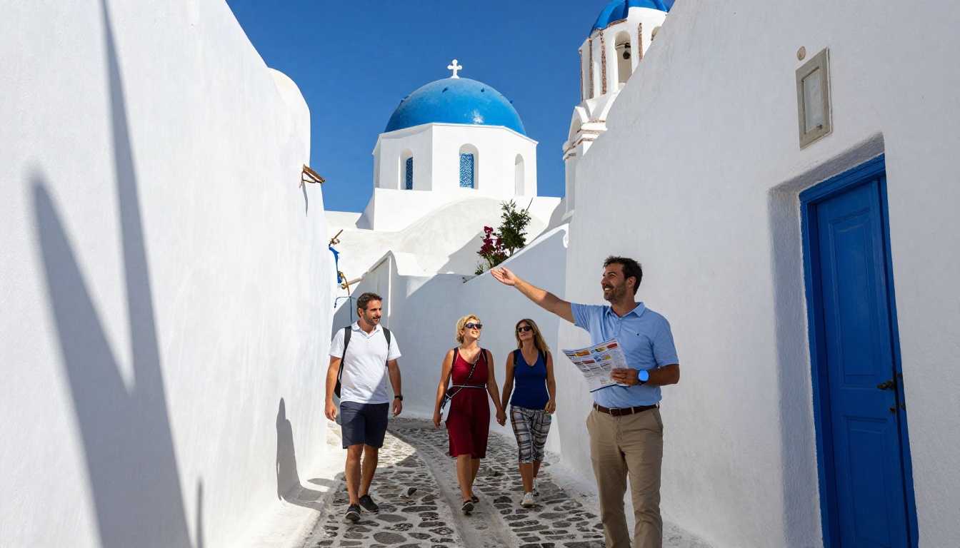 Tour guide leading travelers through Santorini whitewashed stone streets