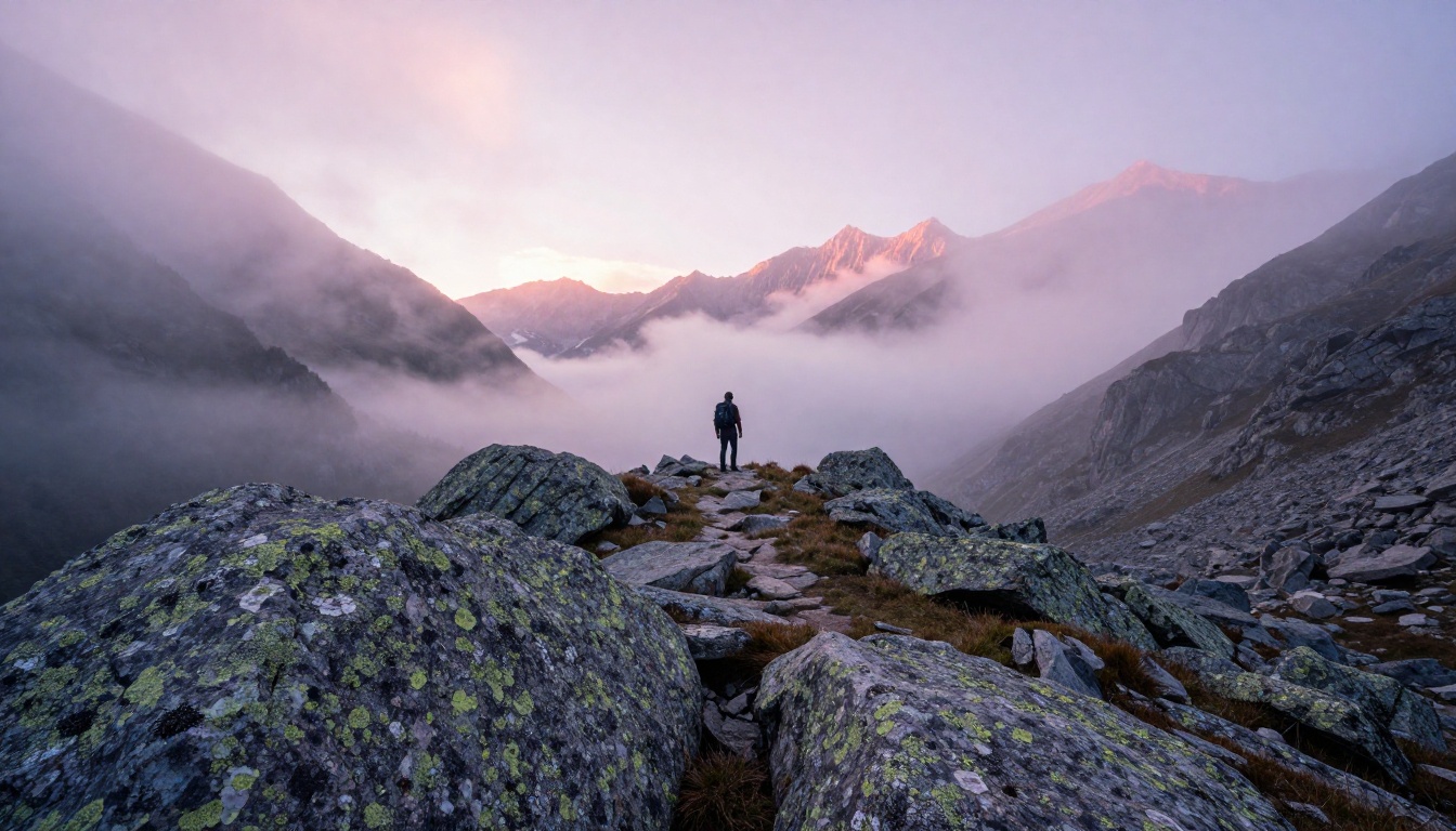 Dramatic misty mountain valley at dawn with lone hiker on rocky alpine ridge
