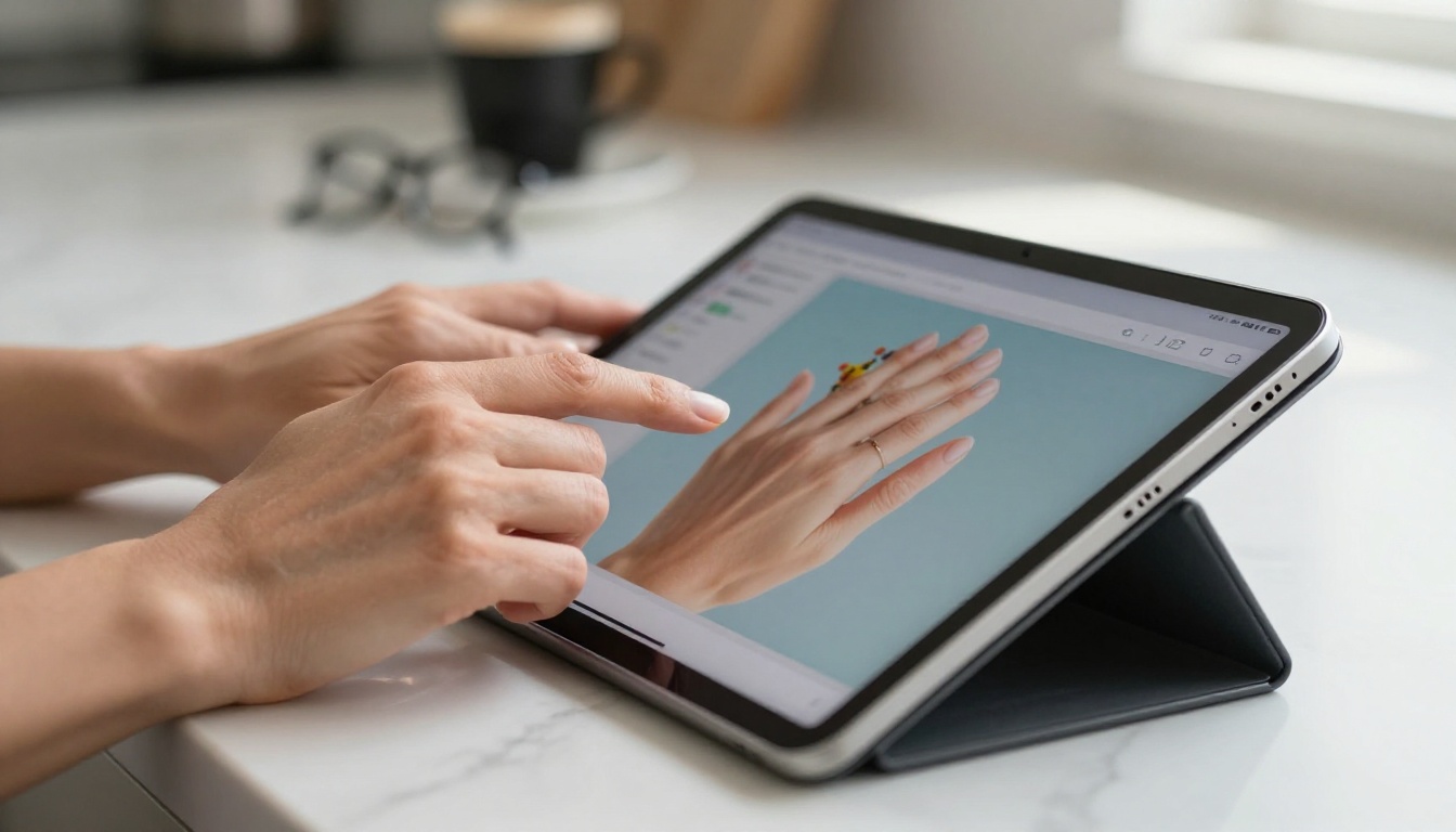 Hands scrolling through a digital flipbook on a tablet Hands scrolling through a digital flipbook on a tablet