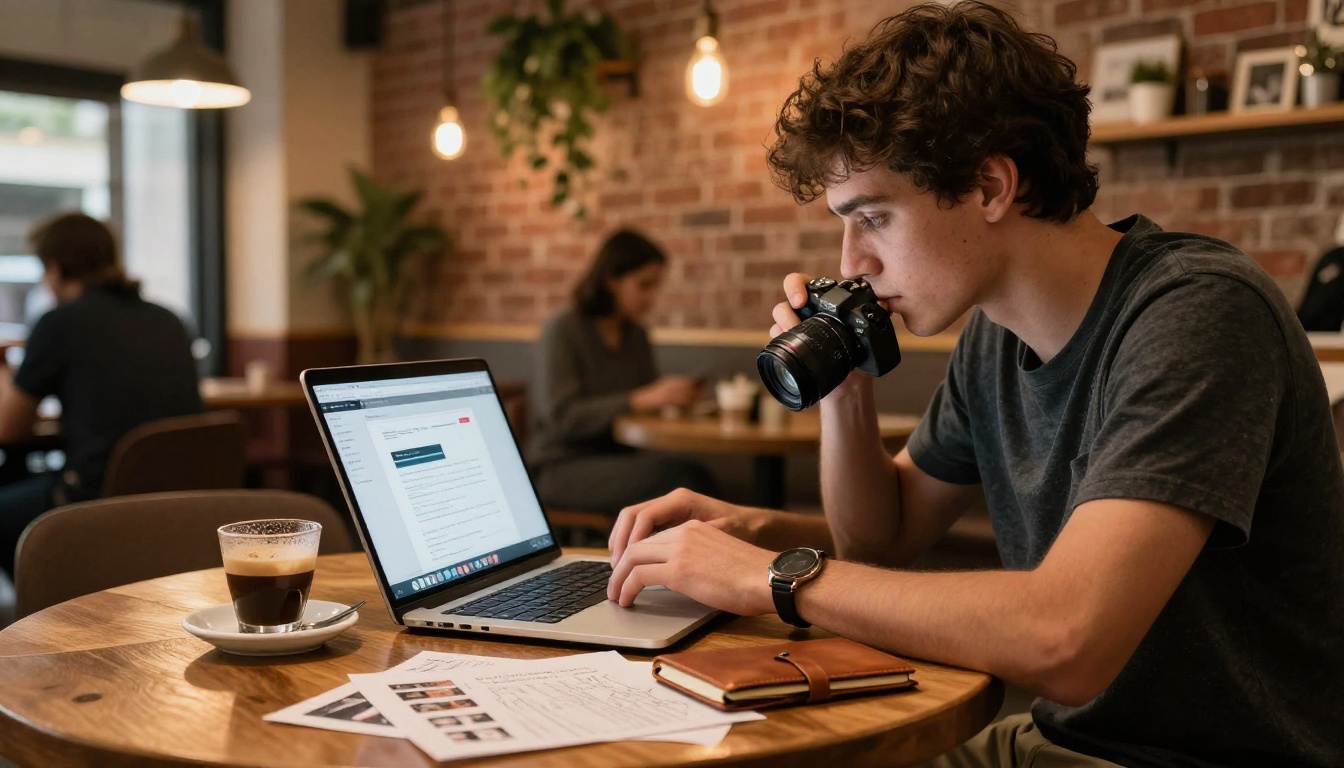 Man uploading PDF to flipbook tool in a coffee shop Man uploading PDF to flipbook tool in a coffee shop