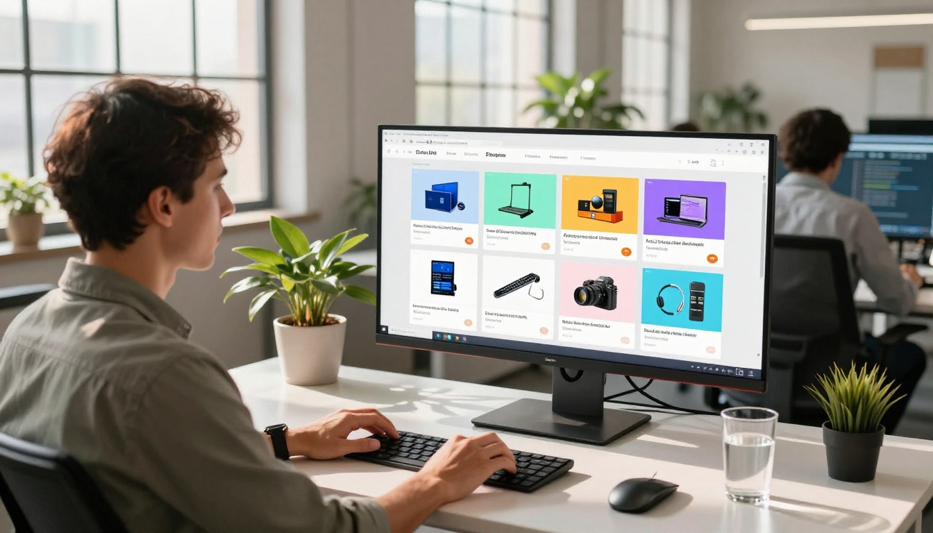Marketing professional reviewing a digital catalog on monitor Marketing professional reviewing a digital catalog on monitor