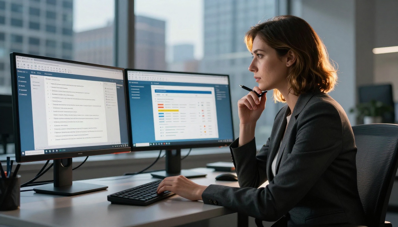 Businesswoman comparing flipbook tools on dual monitors Businesswoman comparing flipbook tools on dual monitors