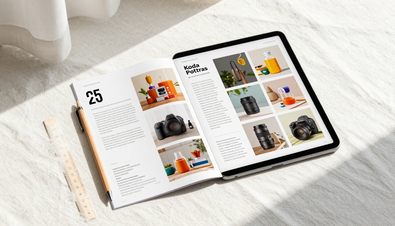 Flat lay of printed brochure next to digital flipbook on tablet Flat lay of printed brochure next to digital flipbook on tablet