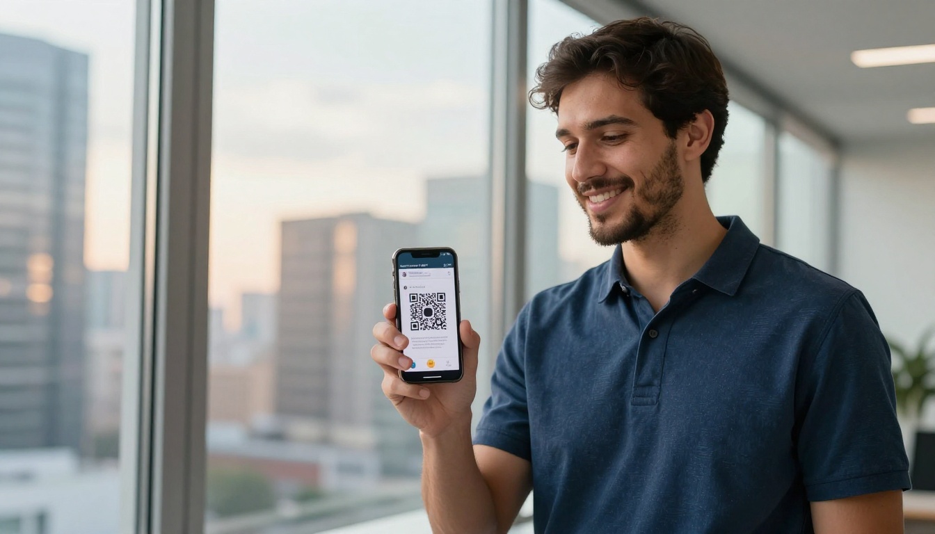 Professional sharing flipbook link on smartphone at office window