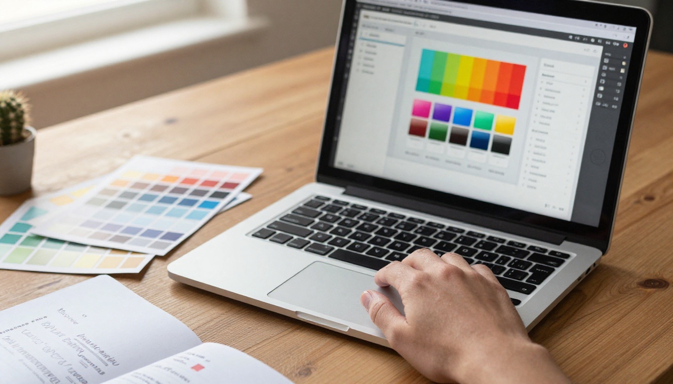 Designer customizing flipbook branding on laptop at creative desk