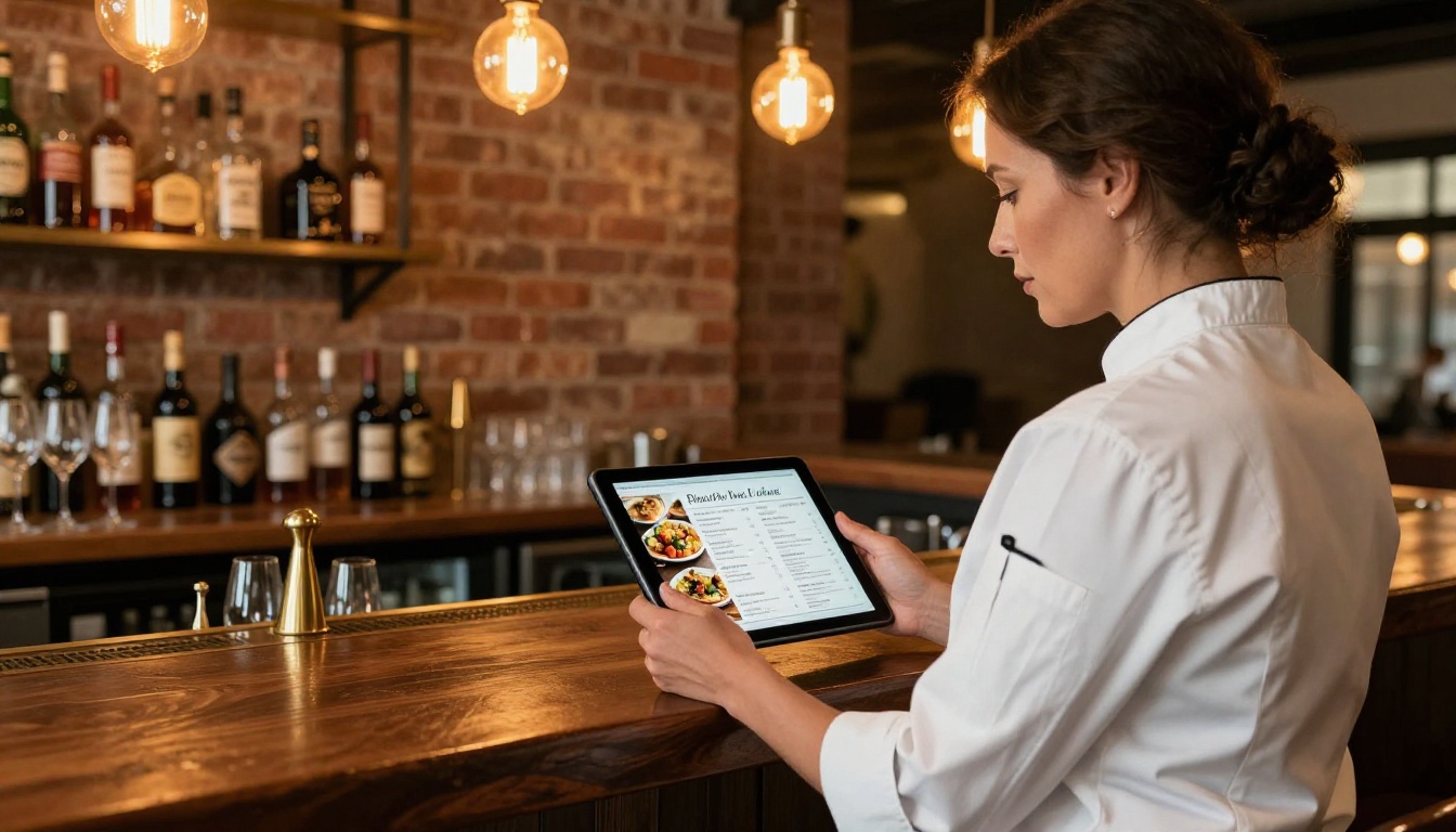 Restaurant owner reviewing digital menu flipbook on tablet behind bar