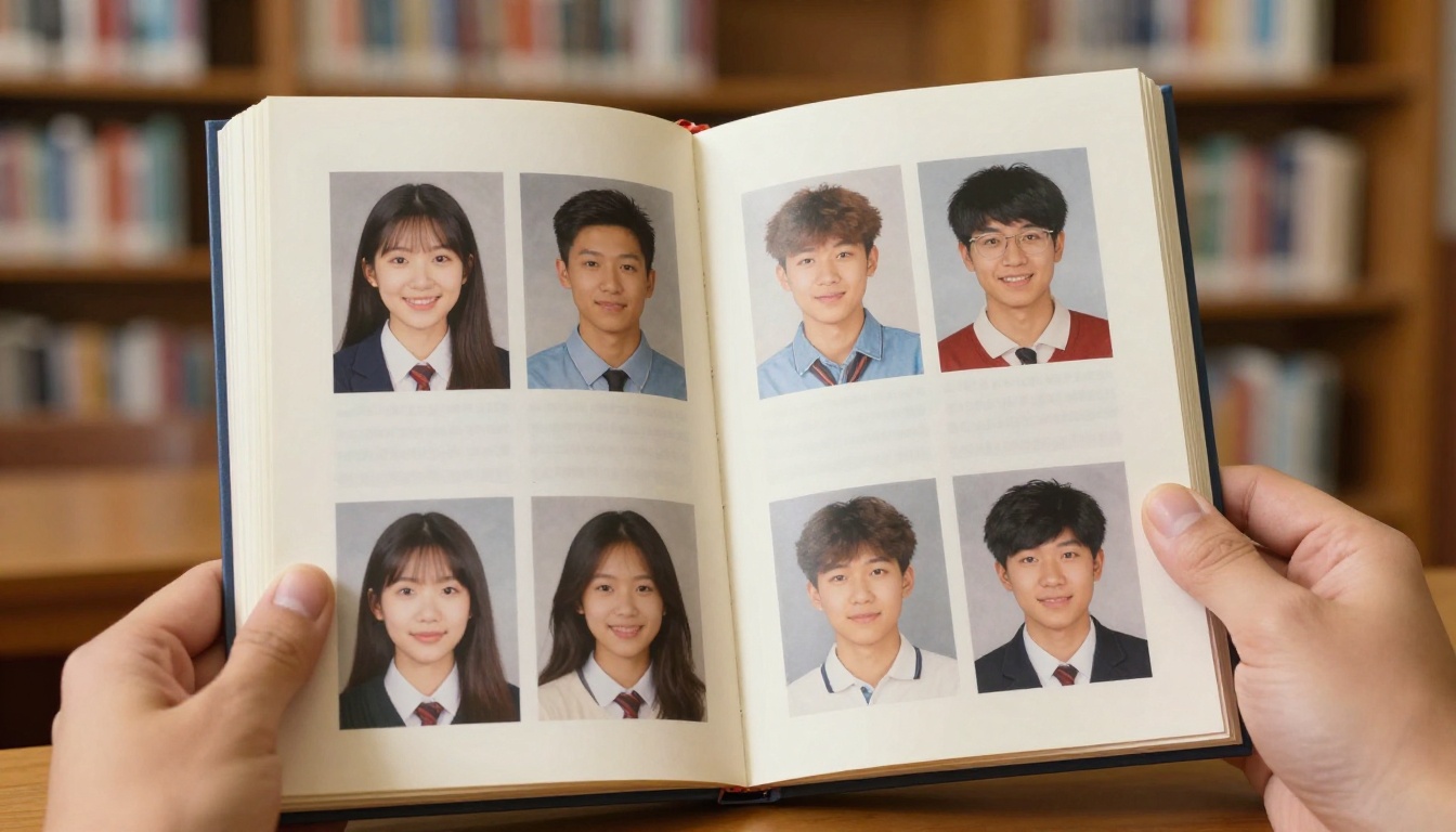 Yearbook senior portrait page spread showing CMYK ink on glossy coated paper